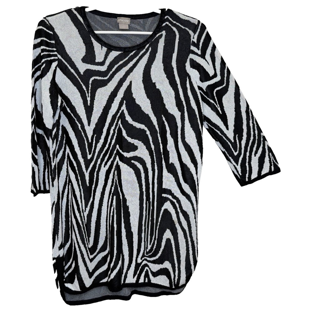 Chico's Pullover Tunic Sweater Size 2 Large Zebra Print 3/4 Sleeve Round Neck